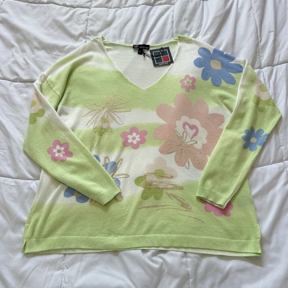 NWT Carre Noir Sweater Womens Large Green Pink Floral‎ Long Sleeve Hippie Y2K